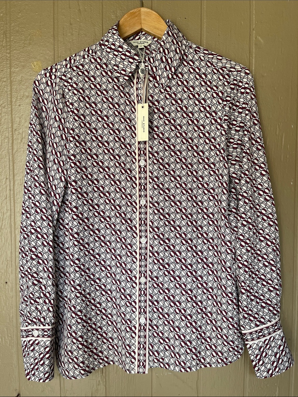Max Studio Burgundy and White Geometric Zip-Front Shirt size S